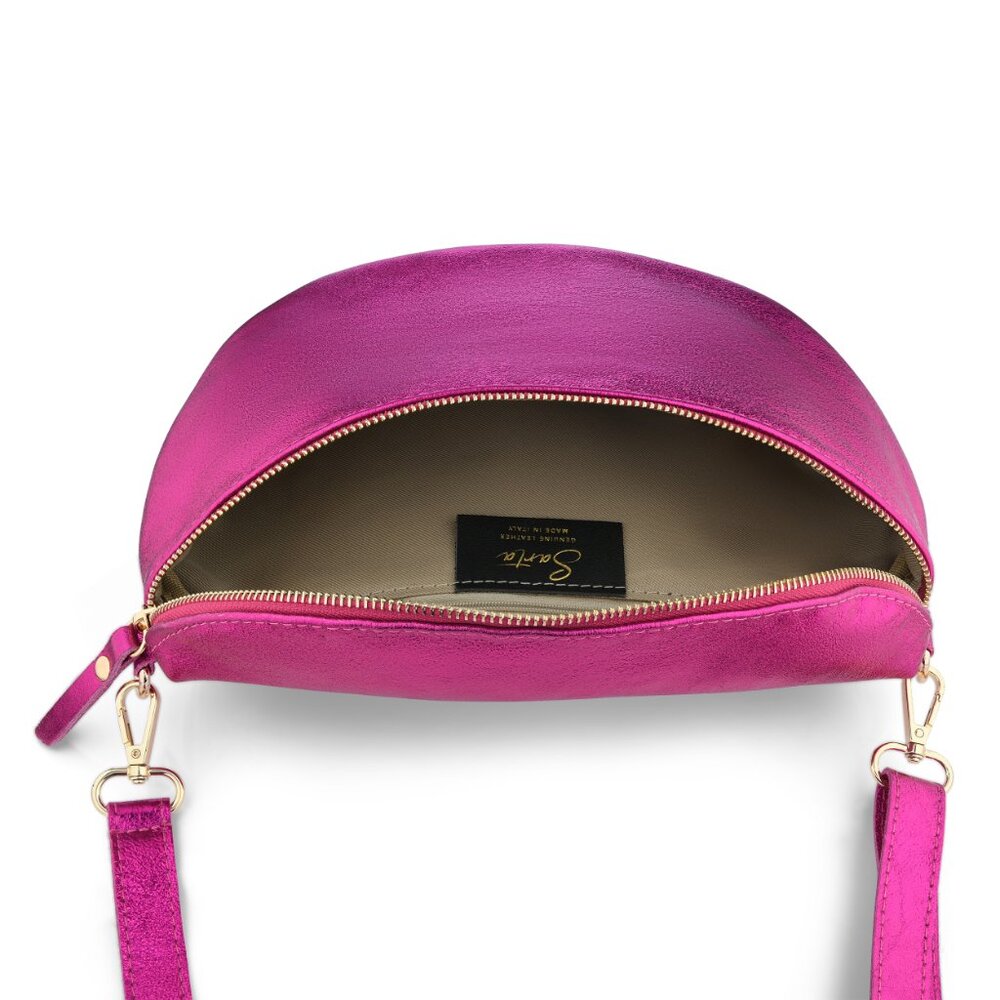 RASPBERRY METALLIC ITALIAN LEATHER HALF MOON CROSSBODY HANDBAG - Picture 4 of 4